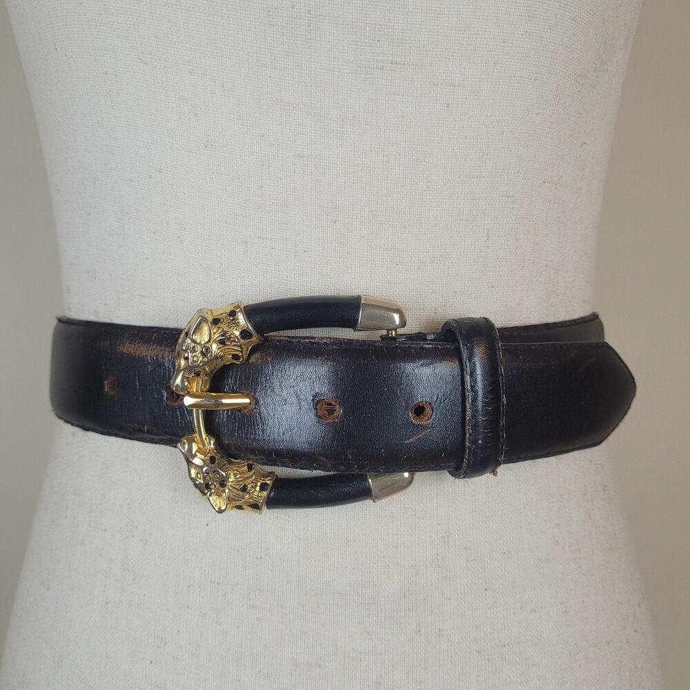 VTG Avignon Belt Med Black Leather Wide Sculptural Gold Buckle Statement 90s
